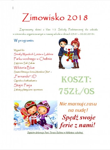 Zapraszamy na Zimowisko 2018